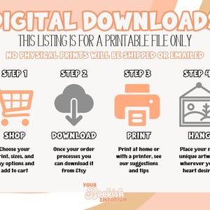 Puede incluir: Una gu&iacute;a de descarga digital con cuatro pasos: comprar, descargar, imprimir y colgar. La gu&iacute;a presenta iconos para cada paso, incluyendo un carrito de compras, una nube con una flecha de descarga, una impresora y un marco de imagen. El texto "Esta oferta es solo para un archivo imprimible. No se enviar&aacute;n ni se enviar&aacute;n por correo electr&oacute;nico impresiones f&iacute;sicas." se muestra en la parte superior de la gu&iacute;a.