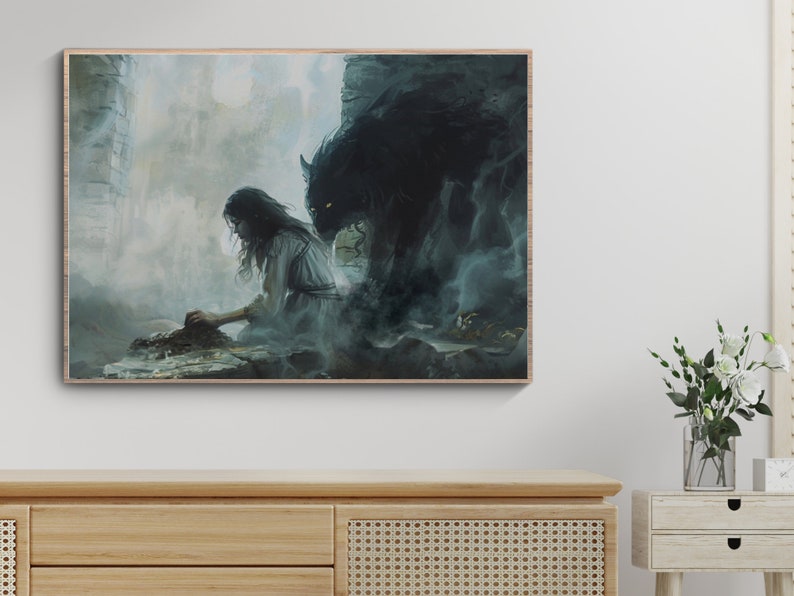 May include: A woman in a white dress sits on a stone ledge with a large, dark, shadowy creature behind her. The scene is set in a misty, ethereal environment.