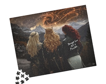 May include: Three women with long blonde and red hair stand together in front of a starry night sky. The women are wearing dark clothing and the red-haired woman has a white text overlay on her jacket that reads "Through Love All is Possible."