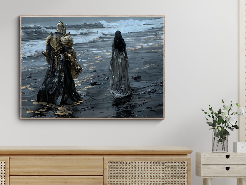 May include: A painting depicting a knight in armour and a woman in a white dress standing on a beach. The knight is wearing a black cloak and a golden helmet. The woman is looking down at the ground. The background is a stormy sea.
