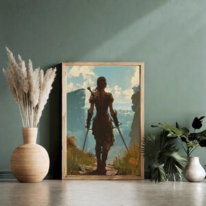 May include: A digital art print featuring a woman in a fantasy setting, standing on a path with two swords in her hands, looking out at a distant landscape. The woman is wearing a brown leather outfit and has long, dark hair. The background is a lush green forest with a rocky cliff in the distance.