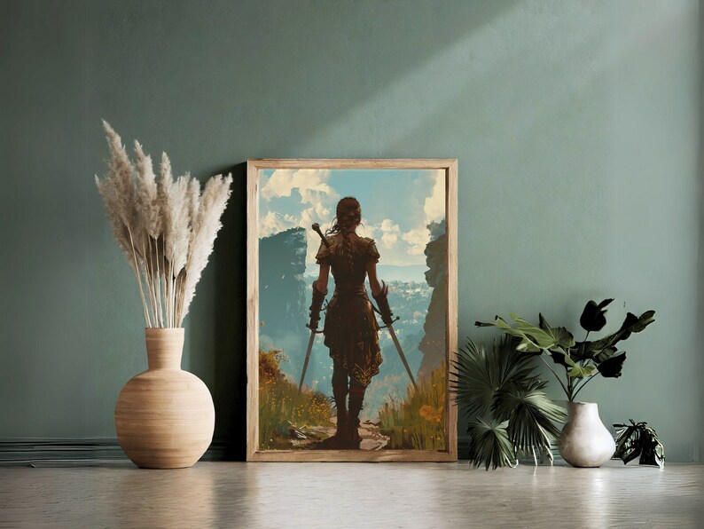 May include: A digital art print featuring a woman in a fantasy setting, standing on a path with two swords in her hands, looking out at a distant landscape. The woman is wearing a brown leather outfit and has long, dark hair. The background is a lush green forest with a rocky cliff in the distance.