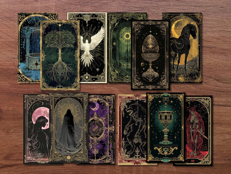 May include: A collection of tarot cards with intricate illustrations. Each card features a unique design, including a tree, a bird, a horse, and other mystical symbols. The cards have a dark, vintage aesthetic with gold and jewel-toned accents.