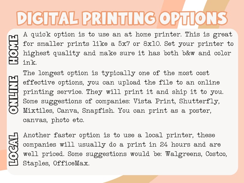 Puede incluir: Un gr&aacute;fico rosa, naranja y blanco con el texto "DIGITAL PRINTING OPTIONS" en negro. El gr&aacute;fico enumera tres opciones de impresi&oacute;n: "HOME", "ONLINE" y "LOCAL". Cada opci&oacute;n incluye una descripci&oacute;n del m&eacute;todo de impresi&oacute;n y sugerencias de empresas que ofrecen el servicio.