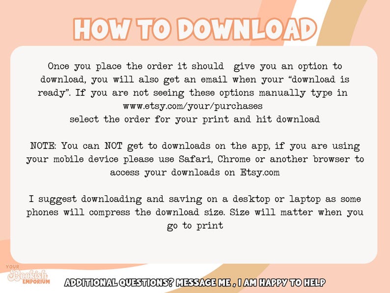 Puede incluir: Un gr&aacute;fico rosa y blanco con el texto "HOW TO DOWNLOAD" en negro. El texto explica c&oacute;mo descargar archivos digitales desde Etsy.com. El texto tambi&eacute;n incluye una nota sobre la descarga de archivos en un dispositivo m&oacute;vil.