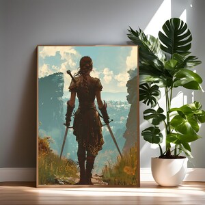May include: A woman in a brown leather outfit stands with her back to the viewer, holding two swords. She is looking out over a landscape of mountains and valleys. The sky is blue with white clouds.