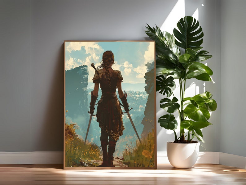 May include: A woman in a brown leather outfit stands with her back to the viewer, holding two swords. She is looking out over a landscape of mountains and valleys. The sky is blue with white clouds.