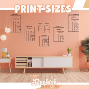 Puede incluir: Un gr&aacute;fico que muestra diferentes tama&ntilde;os de impresi&oacute;n para obras de arte, con el texto "PRINT-SIZES" en la parte superior. El gr&aacute;fico muestra diferentes relaciones de aspecto y las dimensiones correspondientes en pulgadas. El texto "YOUR Bookish EMPORIUM" est&aacute; en la parte inferior del gr&aacute;fico.
