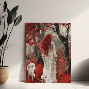 May include: A woman with long red hair walks through a forest with a white wolf. The forest floor is covered in red leaves.