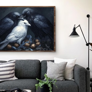 May include: A white raven with two black ravens, all perched on a branch with brown and gold acorns. The white raven is in the center of the image, with the black ravens on either side.