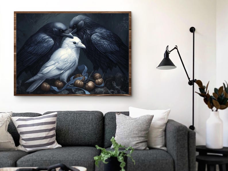 May include: A white raven with two black ravens, all perched on a branch with brown and gold acorns. The white raven is in the center of the image, with the black ravens on either side.
