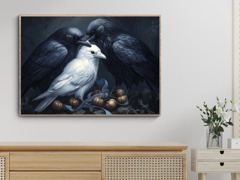 May include: A white dove with black feathers sits between two black ravens. The birds are perched on a branch with brown and gold acorns scattered around them.