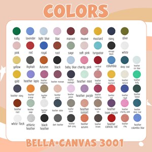 May include: A color chart with a variety of hues, including kelly green, lavender, and maroon. The text "COLORS" is at the top, and "BELLA + CANVAS 3001" is at the bottom. Each color is labeled.