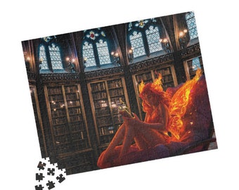 May include: A woman with fiery wings sits in a chair in a library. The woman is wearing a flowing dress and has long, flowing hair. The library is filled with bookshelves and windows. The woman is looking down at something in her hand.