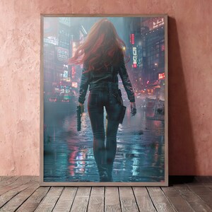 May include: A woman with long red hair walks down a wet city street at night. She is wearing a black leather jacket, blue jeans, and a gun holster. The city is lit up with neon signs and streetlights.