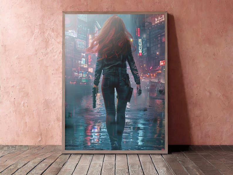 May include: A woman with long red hair walks down a wet city street at night. She is wearing a black leather jacket, blue jeans, and a gun holster. The city is lit up with neon signs and streetlights.
