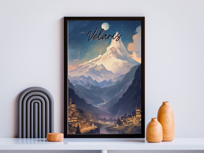 May include: A digital painting of a mountain range with a town at the base. The mountain peaks are covered in snow and the sky is a dark blue with stars. The text "Velaris" is written in a cursive font across the top of the image.