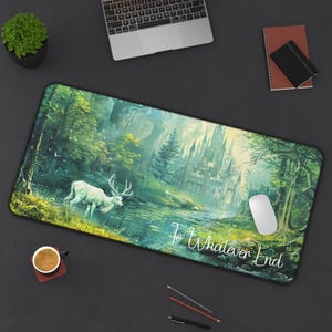 Könnte beinhalten: Eine grüne und blaue Fantasy-Landschaft mit einem weißen Reh, einem Schloss in der Ferne und dem Text "To Whatever End".