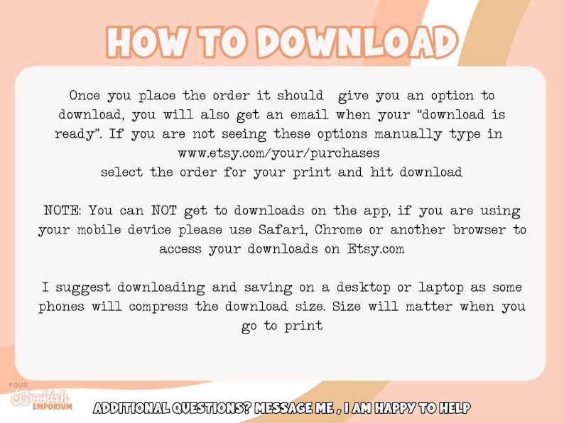 May include: A pink and white graphic with the text "HOW TO DOWNLOAD" in black. The text explains how to download digital files from Etsy.com. The text also includes a note about downloading files on a mobile device.