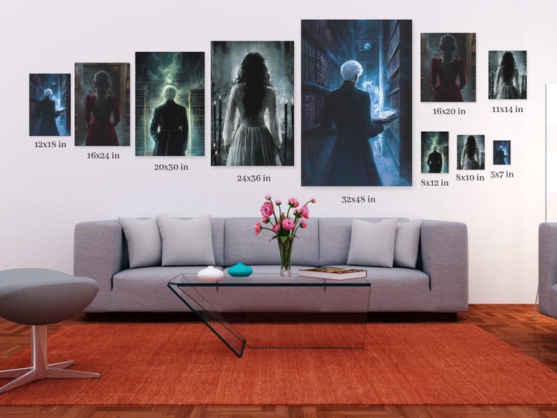 May include: A set of nine framed prints featuring various fantasy and magical scenes. The prints are arranged on a wall above a gray sofa with a glass coffee table. The prints are in different sizes, ranging from 5x7 inches to 32x48 inches.