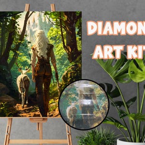 May include: Diamond art kit featuring a fantasy scene of a person walking through a forest with a deer. The artwork includes a castle in the background and is displayed on an easel. The words "DIAMOND ART KIT" are in the upper right corner.