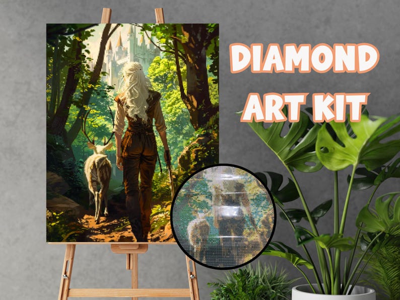May include: Diamond art kit featuring a fantasy scene of a person walking through a forest with a deer. The artwork includes a castle in the background and is displayed on an easel. The words "DIAMOND ART KIT" are in the upper right corner.