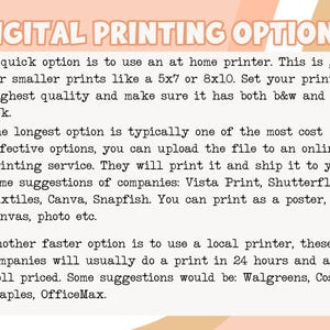 May include: A pink, orange, and white graphic with the text "DIGITAL PRINTING OPTIONS" in black. The graphic lists three options for printing: "HOME", "ONLINE", and "LOCAL". Each option includes a description of the printing method and suggestions for companies that offer the service.