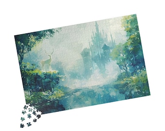 May include: A watercolor painting of a white deer standing in a lush green forest with a misty, blue lake in the background. A large, dark castle-like structure is partially visible in the distance.