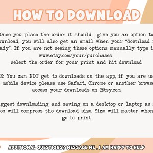 May include: A pink and white graphic with the text "HOW TO DOWNLOAD" in black. The text explains how to download digital files from Etsy.com. The text also includes a note about downloading files on a mobile device.