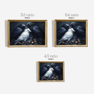 May include: A painting of three birds, two black ravens and one white dove, nestled together on a bed of golden leaves. The birds are depicted in a realistic style with intricate details.