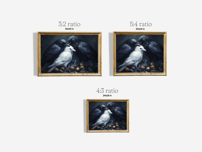 May include: A painting of three birds, two black ravens and one white dove, nestled together on a bed of golden leaves. The birds are depicted in a realistic style with intricate details.