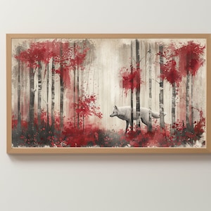 Puede incluir: Un lobo blanco camina por un bosque con árboles rojos y grises. Los árboles están pintados en estilo acuarela.