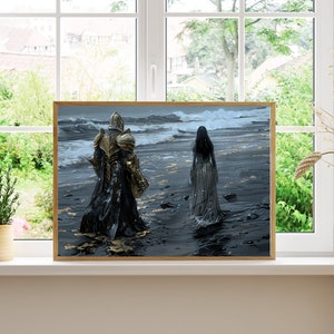 May include: A painting depicting a knight in golden armour and a woman in a long white dress walking on a dark beach with waves crashing in the background.