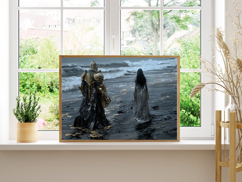 May include: A painting depicting a knight in golden armour and a woman in a long white dress walking on a dark beach with waves crashing in the background.