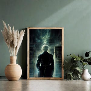 May include: A framed print of a man in a dark coat standing in a library with bookshelves on either side. The man is facing away from the viewer and there is a faint glow above his head.