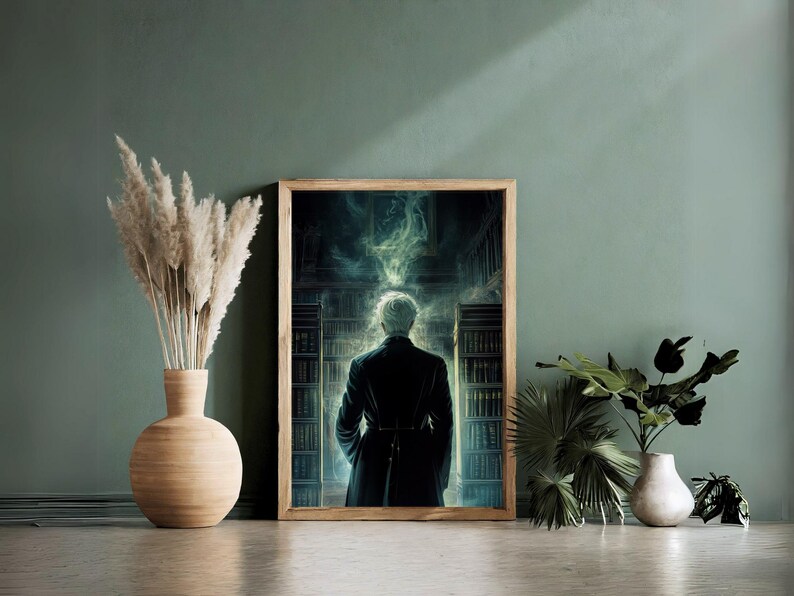 May include: A framed print of a man in a dark coat standing in a library with bookshelves on either side. The man is facing away from the viewer and there is a faint glow above his head.