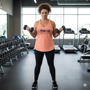 以下が含まれることがあります： 「Train Like Cassian Is Watching」の黒い文字が入った、桃色のタンクトップを着た女性が、2つの黒いダンベルを持っています。黒いレギンスと黒いスニーカーを履いています。背景は、エクササイズ器具のあるジムです。