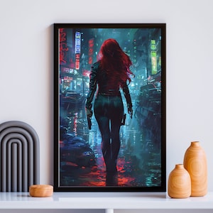 May include: A woman with long red hair walks down a neon-lit street in a cyberpunk city. She is wearing a black leather jacket and jeans, and she is carrying a gun in each hand.