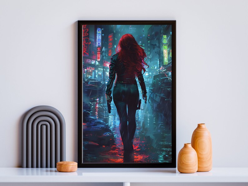 May include: A woman with long red hair walks down a neon-lit street in a cyberpunk city. She is wearing a black leather jacket and jeans, and she is carrying a gun in each hand.