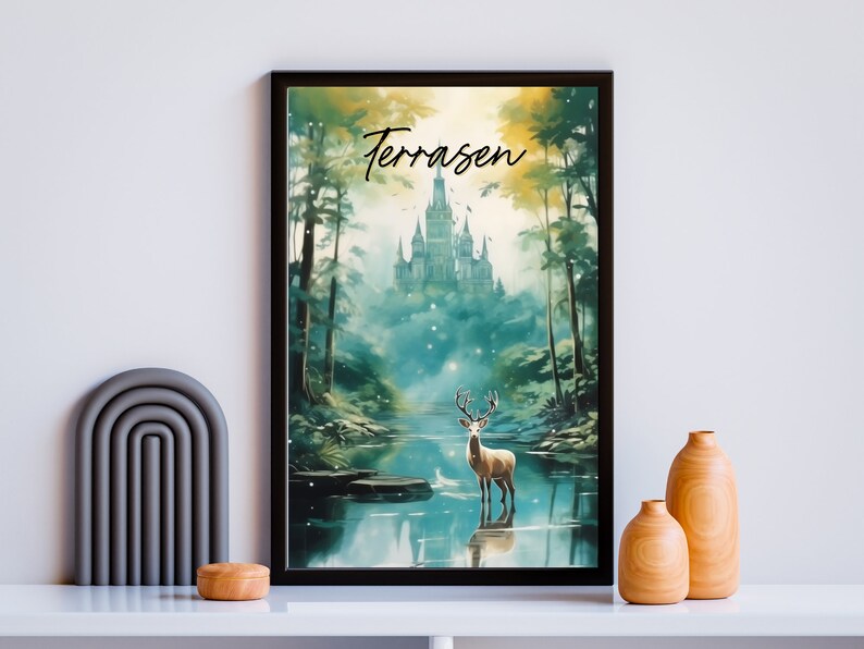 May include: A framed print of a fantasy landscape with a castle in the distance, a deer standing in a lake, and the word "Terrassen" written in black cursive.