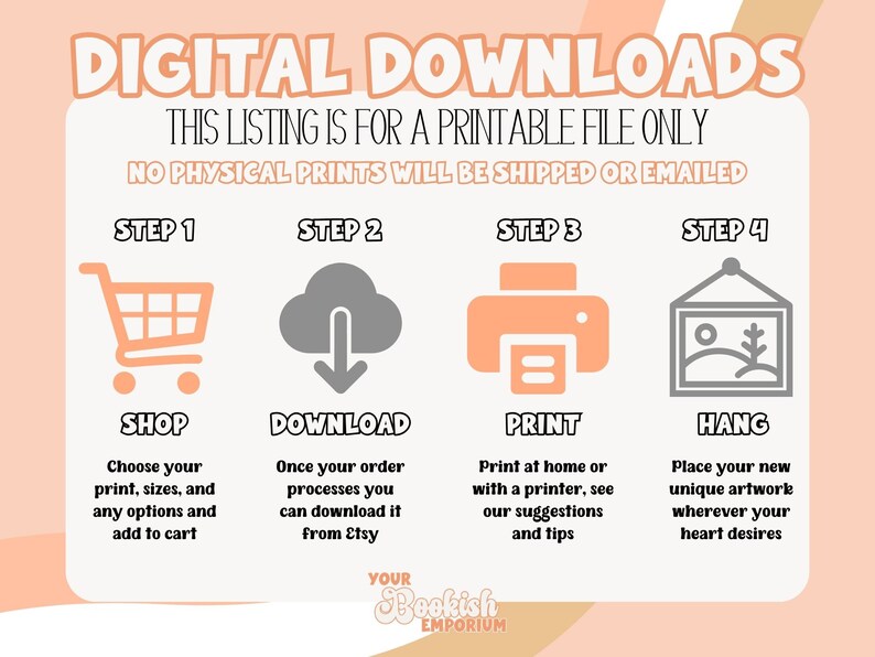 May include: A pink and peach graphic with the text "DIGITAL DOWNLOADS" and "THIS LISTING IS FOR A PRINTABLE FILE ONLY" in black text. The graphic also includes four steps for downloading and printing a digital file: shop, download, print, and hang. Each step is illustrated with a simple icon.