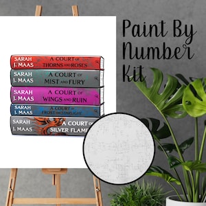 May include: A paint by number kit featuring a stack of five books by Sarah J. Maas. The spines are red, gray, pink, blue, and gray with titles including A Court of Thorns and Roses, A Court of Mist and Fury, A Court of Wings and Ruin, A Court of Frost and Starlight, and A Court of Silver Flames.