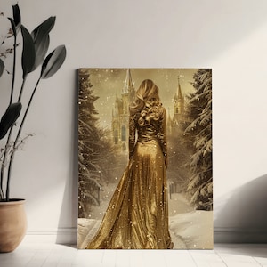 Könnte beinhalten: Leinwanddruck einer Frau in einem langen, goldfarbenen Paillettenkleid, die sich entfernt. Der Hintergrund zeigt eine verschneite Landschaft mit einem Schloss und schneebedeckten Bäumen. Das Kunstwerk hat eine warme, goldene Farbpalette.