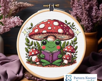 Frog Bookworm Cross Stitch Pattern: Mushroom Cottagecore (Digital Download)