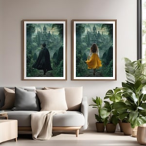 May include: Two framed prints of a fantasy scene with a castle in the background. One print features a person in a black cloak walking towards the castle, while the other print features a person in a yellow dress walking away from the castle.
