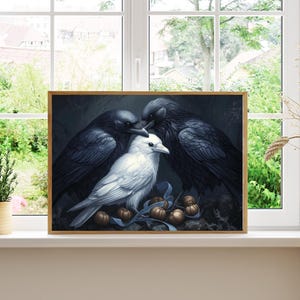 May include: A painting of three crows, two black and one white, perched on a branch with a dark background. The white crow is in the center and the two black crows are on either side of it.