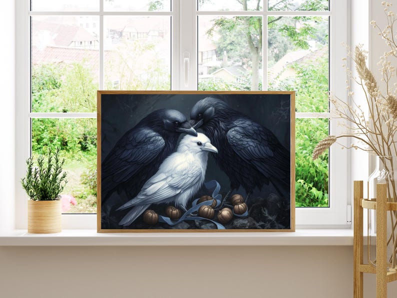 May include: A painting of three crows, two black and one white, perched on a branch with a dark background. The white crow is in the center and the two black crows are on either side of it.