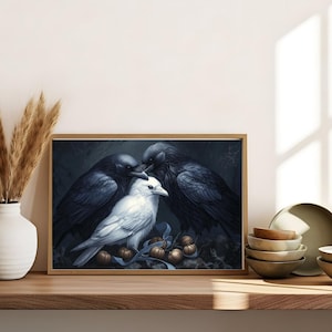 May include: A painting of three crows, two black and one white, perched on a branch with a background of dark blue and purple. The crows are positioned in a triangular shape, with the white crow in the center.