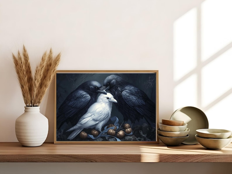 May include: A painting of three crows, two black and one white, perched on a branch with a background of dark blue and purple. The crows are positioned in a triangular shape, with the white crow in the center.