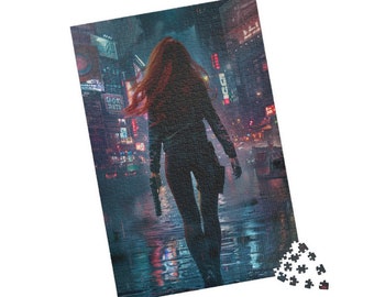 May include: A woman in a black leather jacket and jeans walks through a city street at night. The street is lit by neon signs and streetlights. The woman is carrying a gun in her right hand.